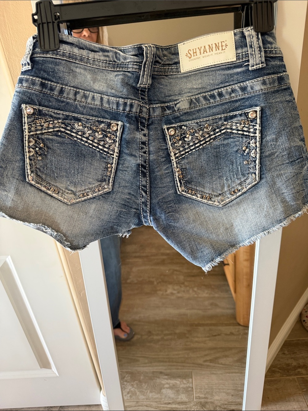 Shyanne Blue Distressed Denim Cutoff Shorts with Embellished Pockets